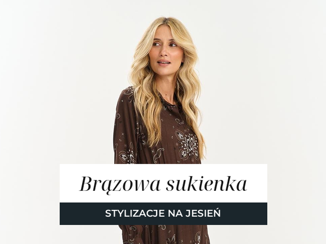 Trzy brązowe sukienki na jesień: prążkowana dzianinowa, długa satynowa we wzór i dzianinowa kopertowa w odcieniu czekolady.