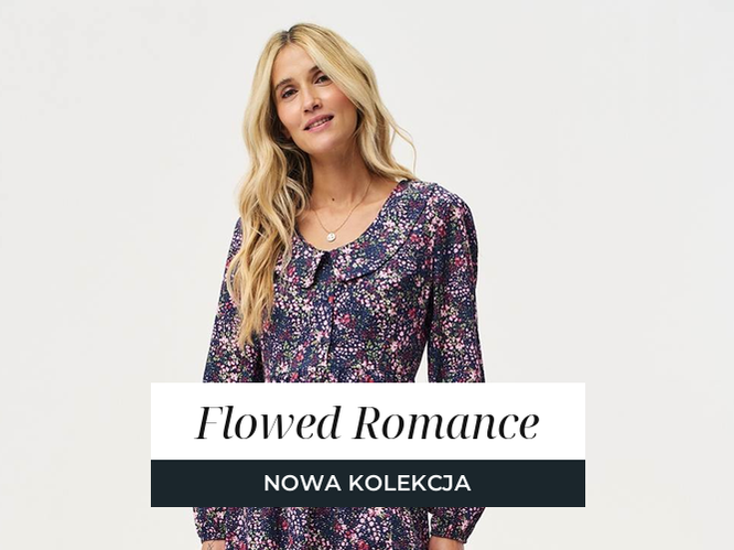 Kolekcja Flowed Romance: fioletowy garnitur, granatowa sukienka midi w drobne kwiaty i pudrowy sweter z kaszmirem do sztruksowych spodni.