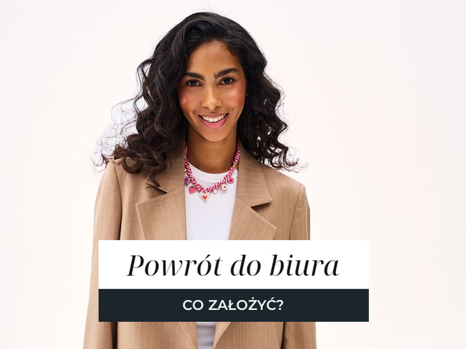 Beżowa marynarka i biały top w biurowej stylizacji