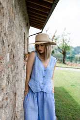 naoko niebieska kamizelka lniana z guzikami