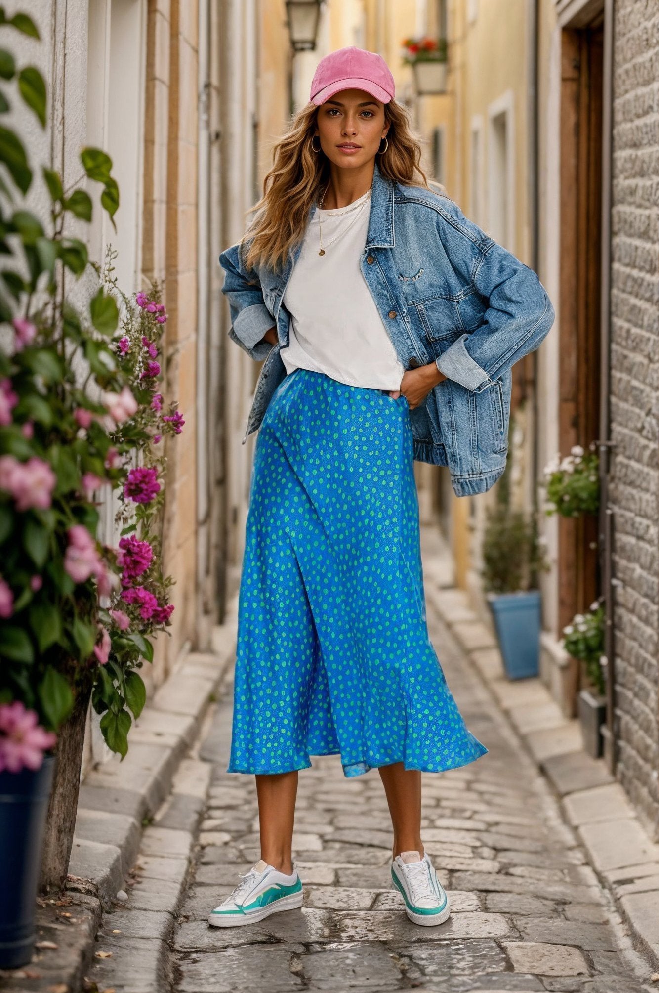 niebieska spódnica midi z wiskozy w zielone kropki naoko