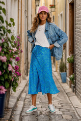 niebieska spódnica midi z wiskozy w zielone kropki naoko