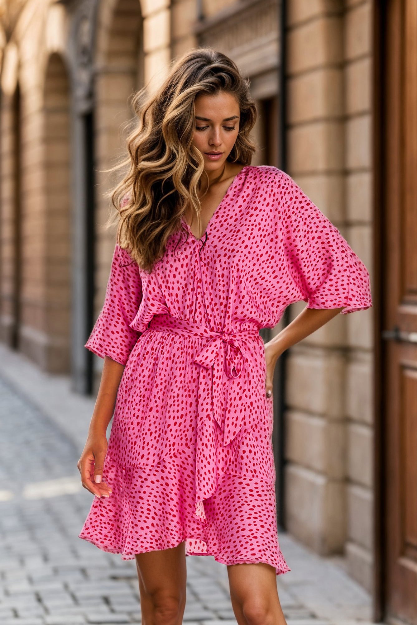 naoko różowa sukienka midi wzór wiskoza