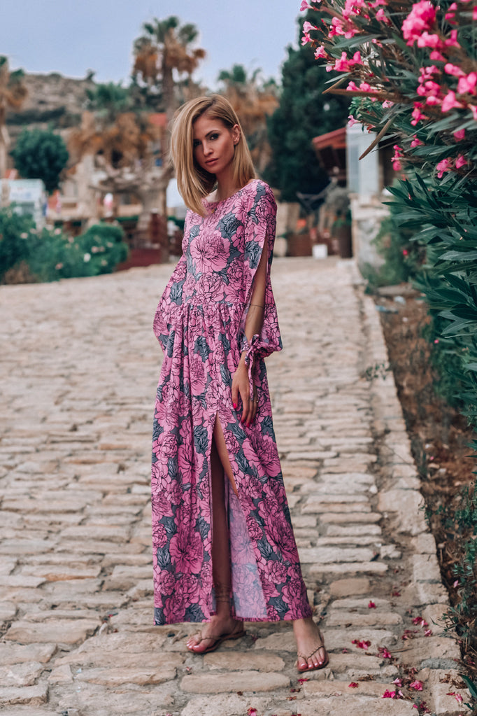 sukienka maxi z rozcięciem w kwiaty naoko