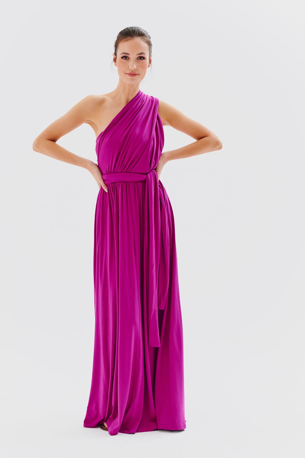 naoko fioletowa sukienka wiskozowa na jedno ramię z wiązaniem