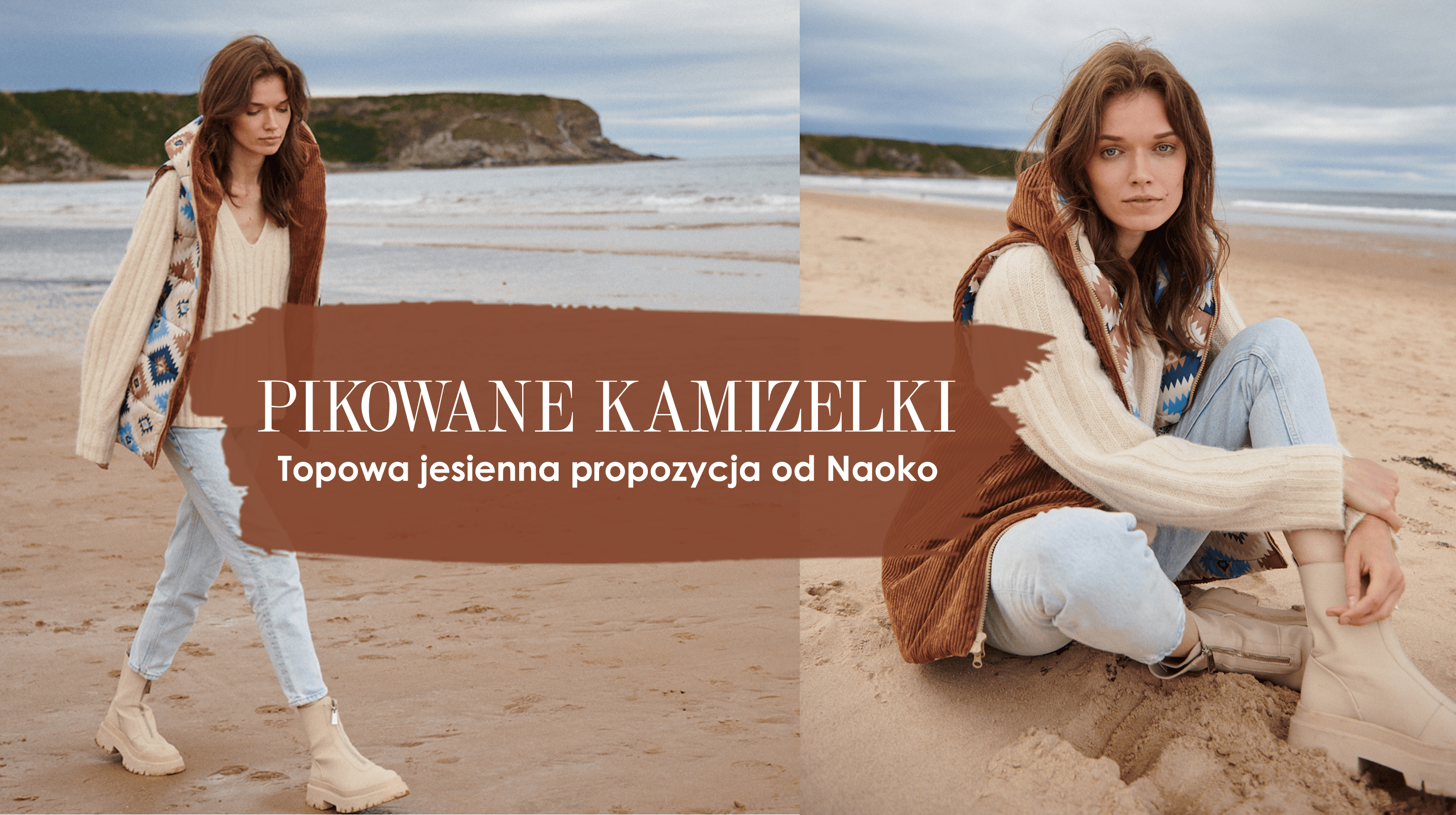 Dwie kobiety na plaży w beżowych pikowanych kamizelkach narzuconych na jasne swetry i jeansy.