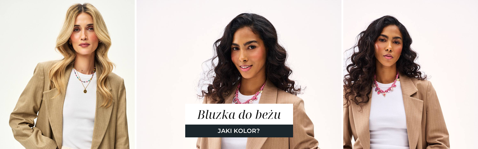 Biała bluzka pod beżową marynarką w jasnym, studyjnym kadrze