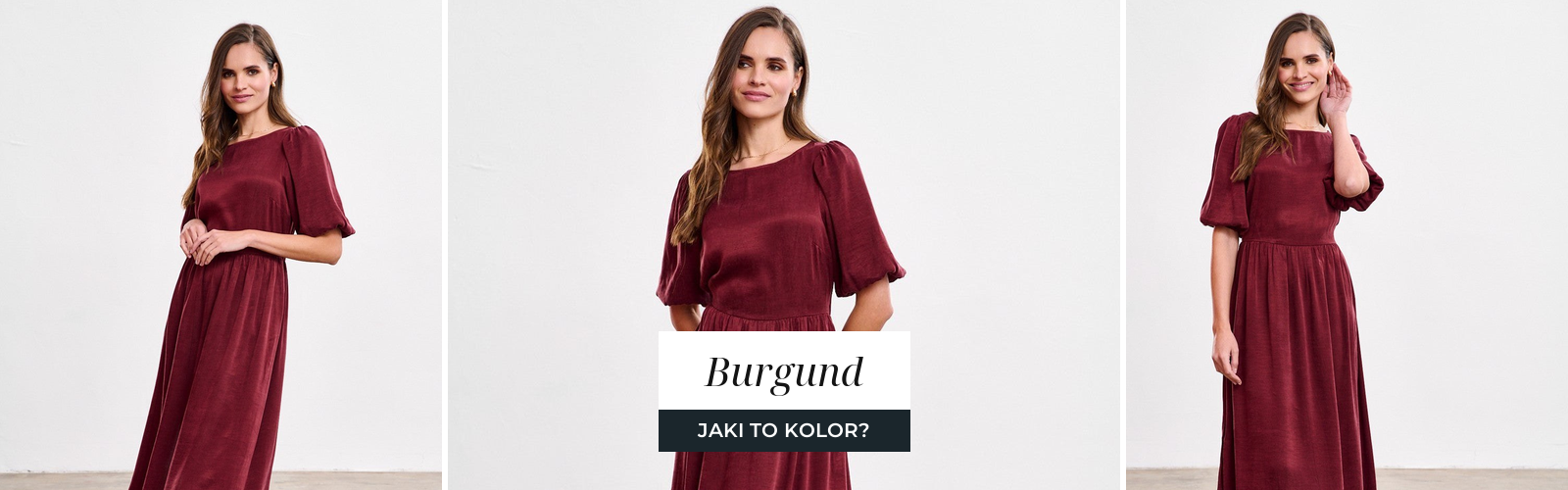 Kobieta w burgundowej sukience midi z satyny, ciemna czerwień z fioletowym podtonem.