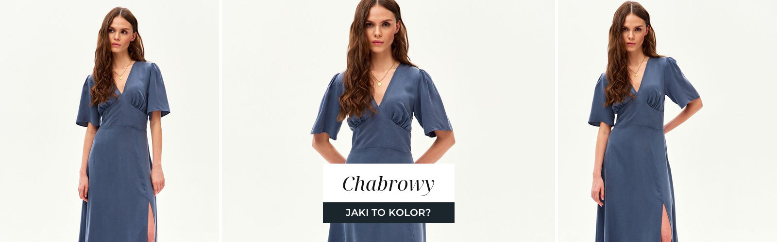 Kobieta w chabrowej sukience midi z dekoltem V, odcień niebieskiego z fioletową nutą.