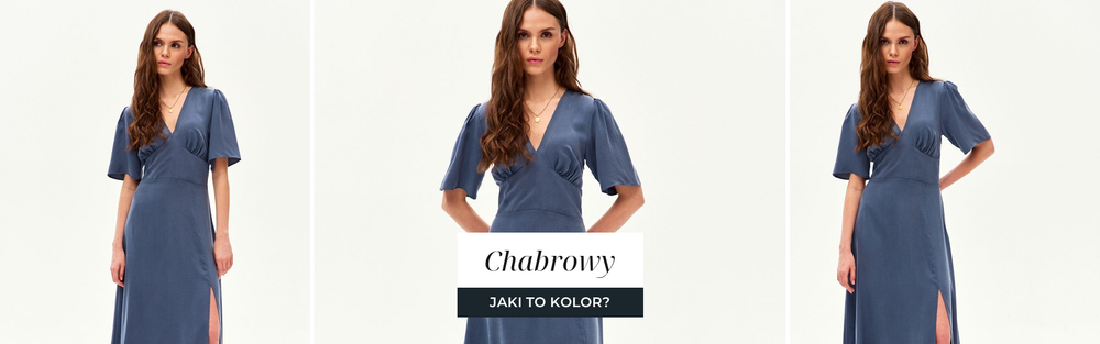 Kobieta w chabrowej sukience midi z dekoltem V, odcień niebieskiego z fioletową nutą.