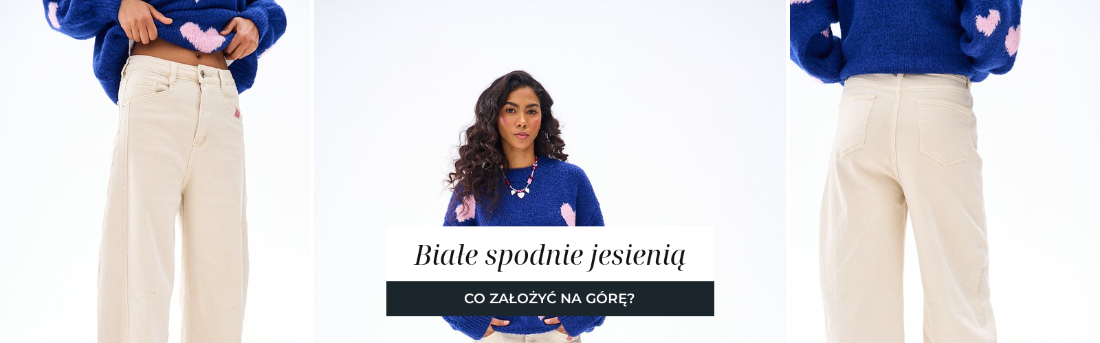 Spodnie w kolorze ecru o szerokiej nogawce zestawione z granatowym swetrem o grubym splocie