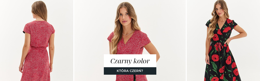 Kobieta w czarnej sukience dwustronnej, matowa tkanina bez połysku.