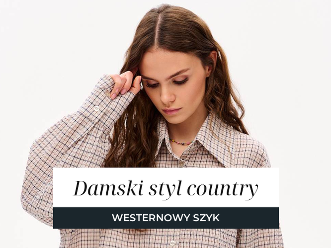 Kobieta w koszuli w kratę w duchu stylu country, baner artykułu o damskim stylu country.