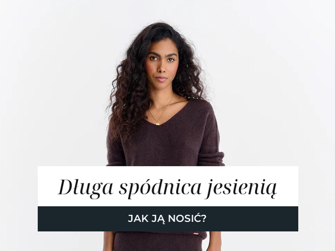 Trzy jesienne stylizacje z długimi spódnicami: fioletowa satynowa spódnica z koszulą w kratę, brązowy komplet dzianinowy i śliwkowa spódnica we wzór ze swetrem.