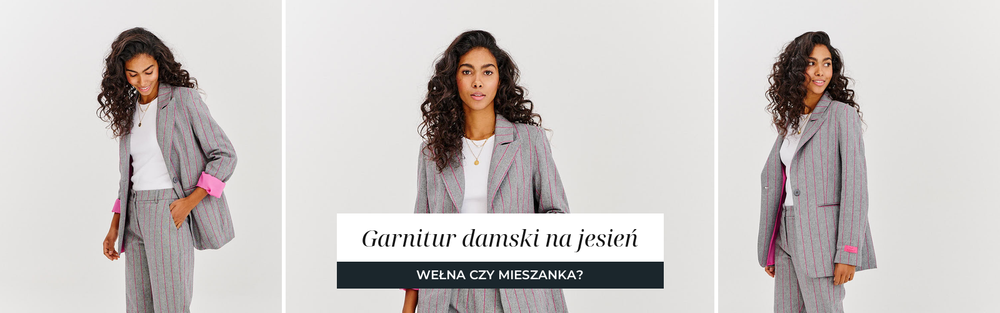Damski garnitur z wełny w szarą prążkowaną tkaninę, komplet marynarka i spodnie