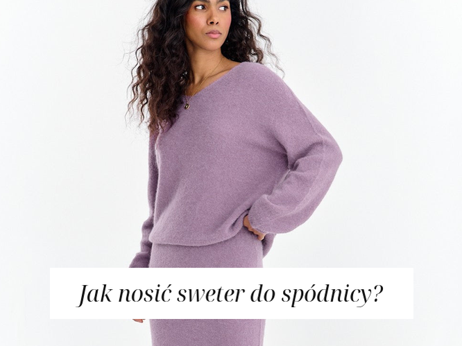 Kobieta w liliowym komplecie dzianinowym: sweter i spódnica midi, jesienna stylizacja.
