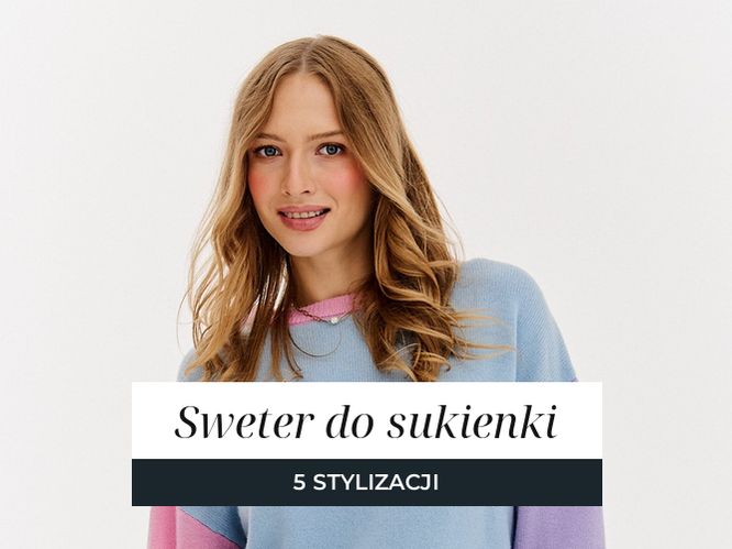 Kobieta w wełnianym swetrze, baner poradnika o łączeniu swetra z sukienką.