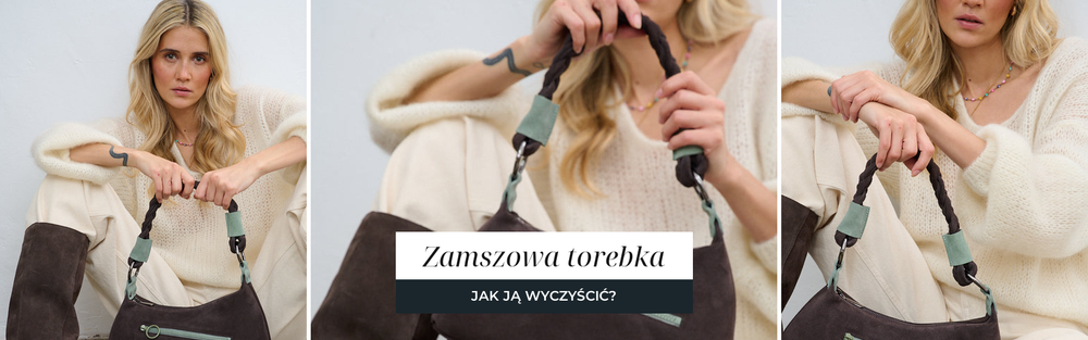 Ciemnobrązowa zamszowa torebka z plecionym uchwytem, widoczna matowa faktura zamszu.