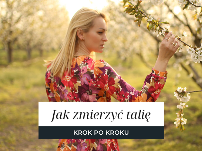Kobieta w taliowanej sukience podkreślającej linię talii, baner poradnika krok po kroku o mierzeniu obwodu talii.