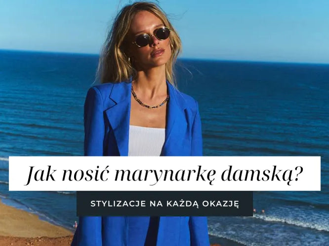 Trzy stylizacje z marynarką, czerwony komplet, niebieska marynarka nad morzem i żółty komplet z szortami.