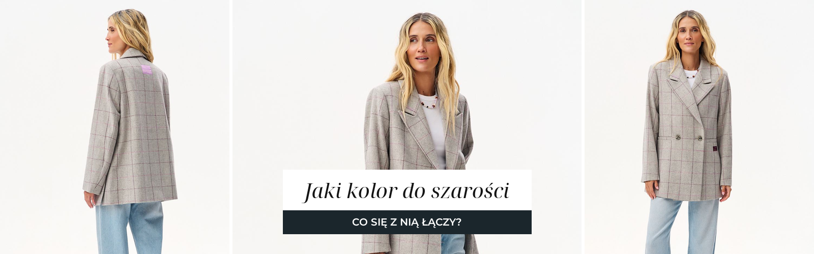Szara marynarka z wełny w delikatną kratę, trzy ujęcia studyjne
