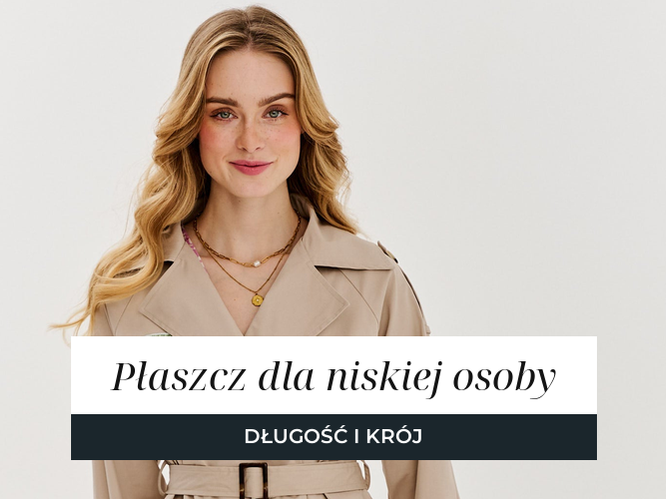 Kobieta w krótkim beżowym trenczu, baner artykułu o doborze płaszcza dla niskiej sylwetki.