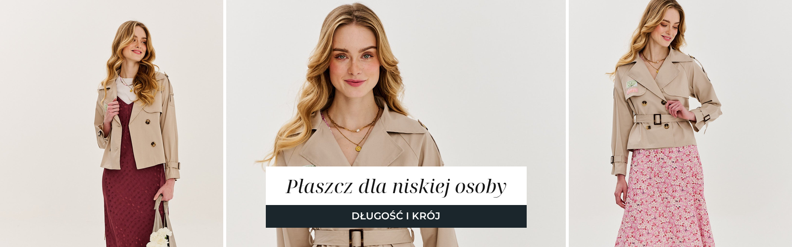 Kobieta w krótkim beżowym trenczu, baner artykułu o doborze płaszcza dla niskiej sylwetki.