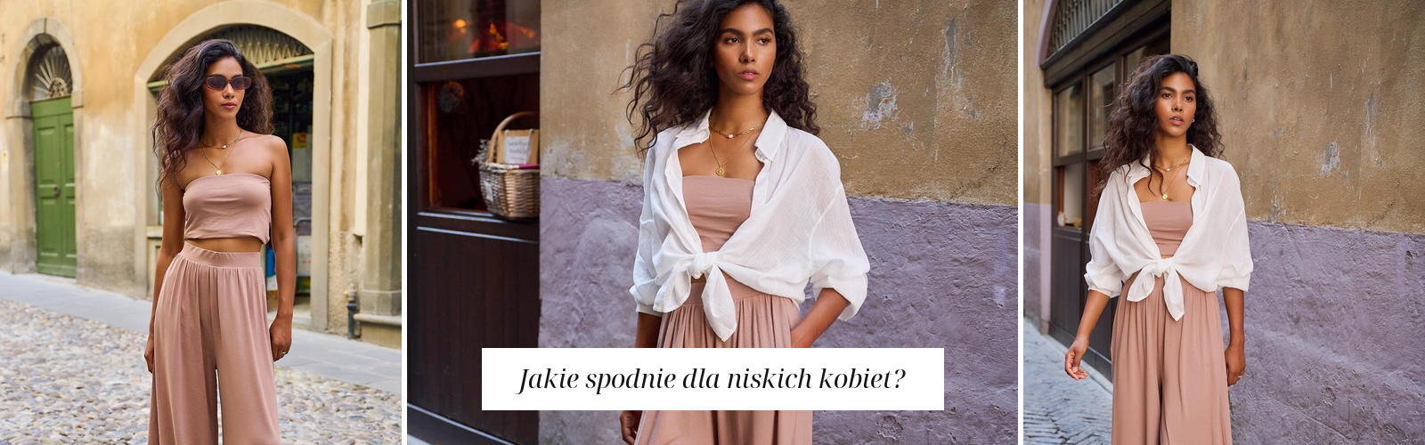 Szerokie spodnie z wysokim stanem na pełnej sylwetce, stylizacja wydłużająca nogi.