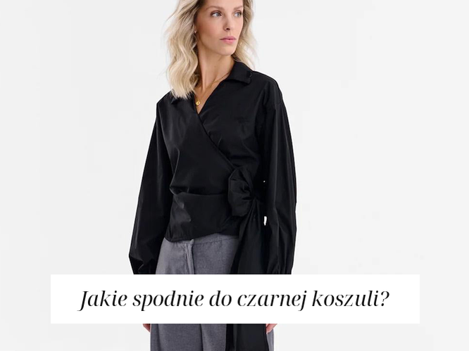 Czarna koszula zestawiona z szarymi spodniami, elegancka stylizacja.
