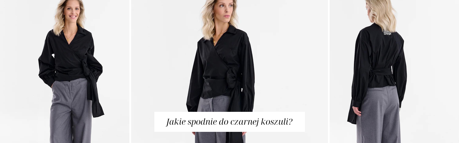Czarna koszula zestawiona z szarymi spodniami, elegancka stylizacja.