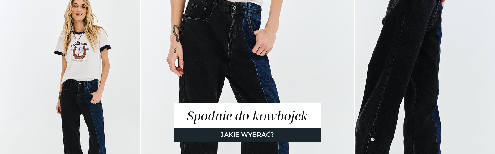 Kobieta w prostych spodniach jeansowych, stylizacja pasująca do kowbojek.