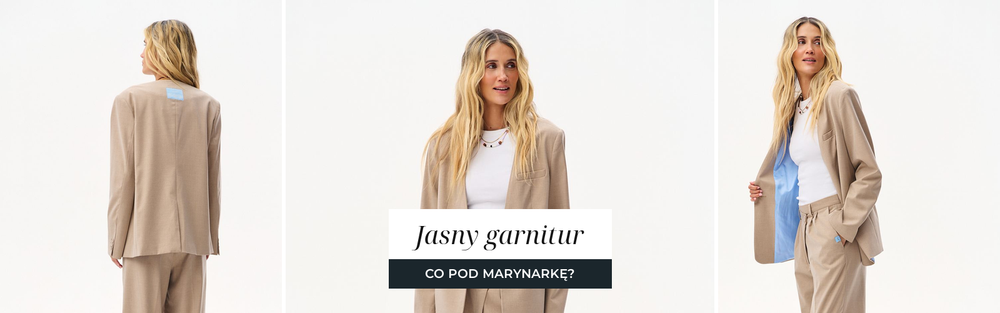 Jasny komplet marynarka i spodnie w kolorze piaskowym, ujęcia studyjne