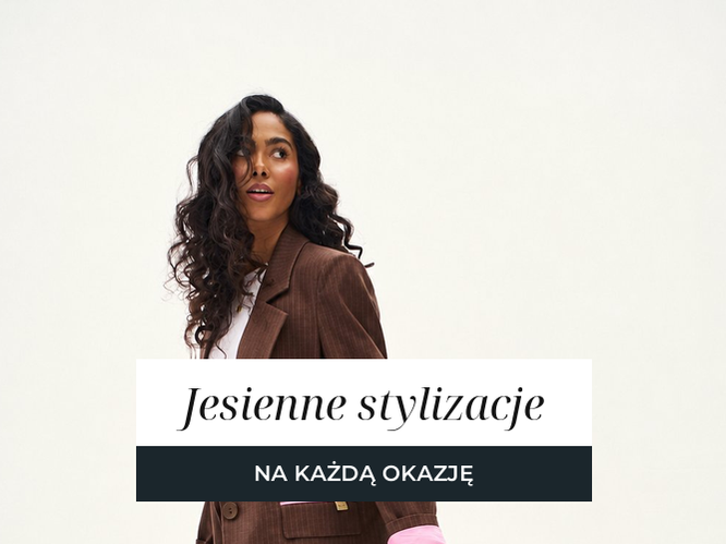 Trzy jesienne stylizacje: brązowa kurtka pikowana z kremowymi spodniami, brązowa marynarka i żółty sweter w warkocze.
