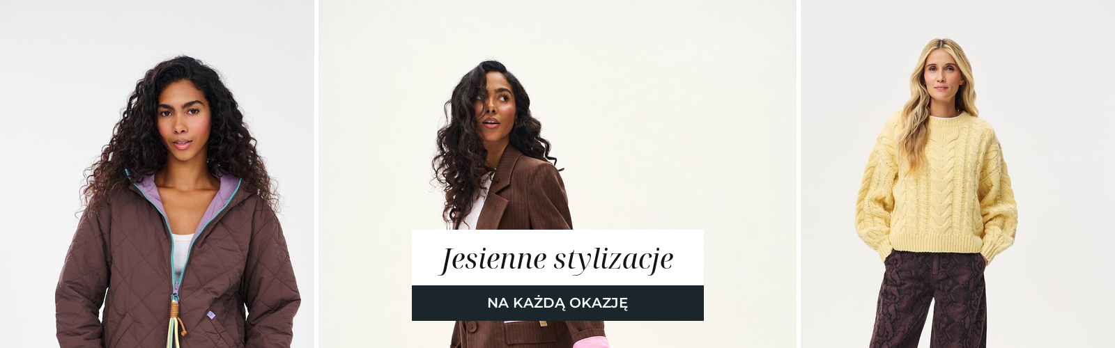 Trzy jesienne stylizacje: brązowa kurtka pikowana z kremowymi spodniami, brązowa marynarka i żółty sweter w warkocze.