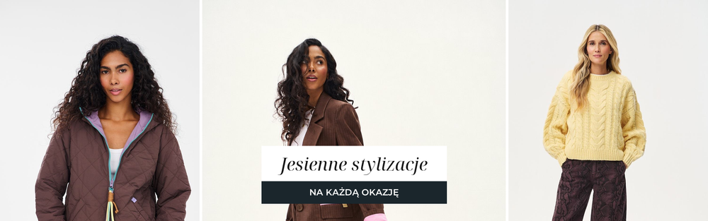 Trzy jesienne stylizacje: brązowa kurtka pikowana z kremowymi spodniami, brązowa marynarka i żółty sweter w warkocze.