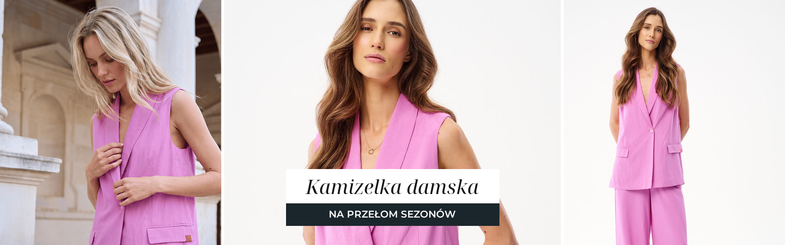 Kobieta w lnianej kamizelce garniturowej, elegancka warstwowa stylizacja na przełom sezonów.