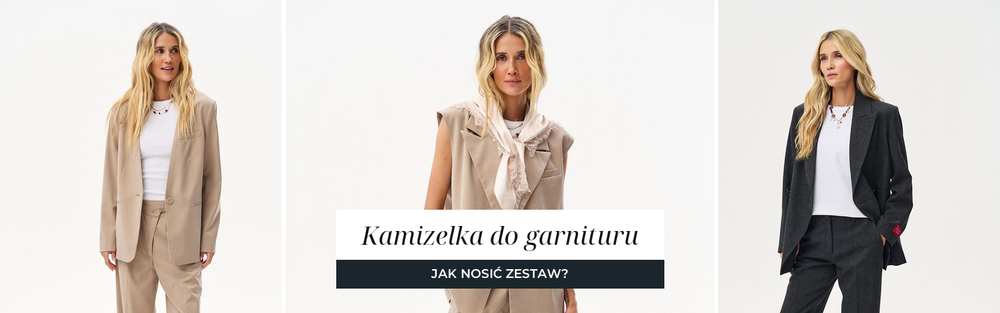 Beżowa marynarka ze spodniami, beżowa kamizelka dwurzędowa z chustą i bardzo ciemny garnitur z białym topem