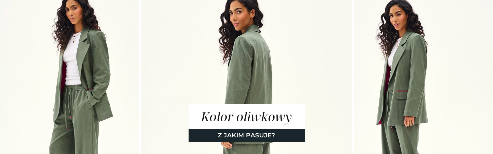 Kobieta w oliwkowym komplecie z marynarką i szerokimi spodniami, jesienna paleta odcieni ziemistych.