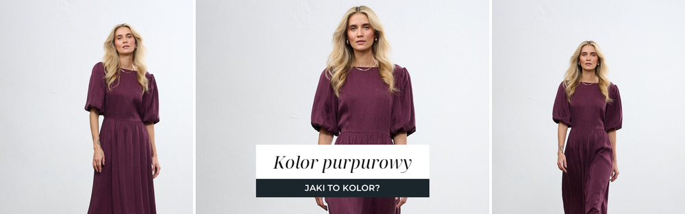 Kobieta w purpurowej sukience midi z bufiastym rękawem, odcień na granicy czerwieni i fioletu.