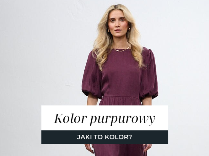 Kobieta w purpurowej sukience midi z bufiastym rękawem, odcień na granicy czerwieni i fioletu.