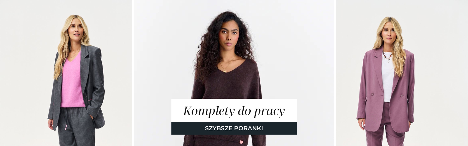 Grafitowy garnitur w prążek z różowym swetrem, brązowy sweter z dekoltem w serek i fioletowy garnitur z białym topem