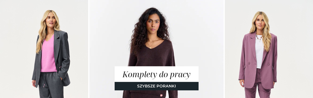Grafitowy garnitur w prążek z różowym swetrem, brązowy sweter z dekoltem w serek i fioletowy garnitur z białym topem