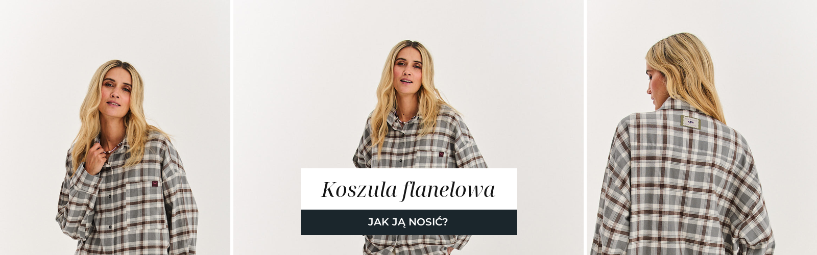 Koszula flanelowa w szarobrązową kratę i spodnie w kolorze ecru