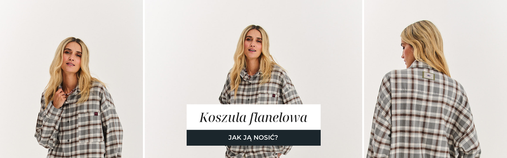 Koszula flanelowa w szarobrązową kratę i spodnie w kolorze ecru