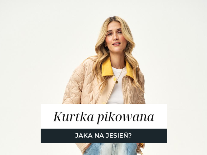 Beżowa kurtka pikowana z żółtymi wykończeniami i szerokie jeansy