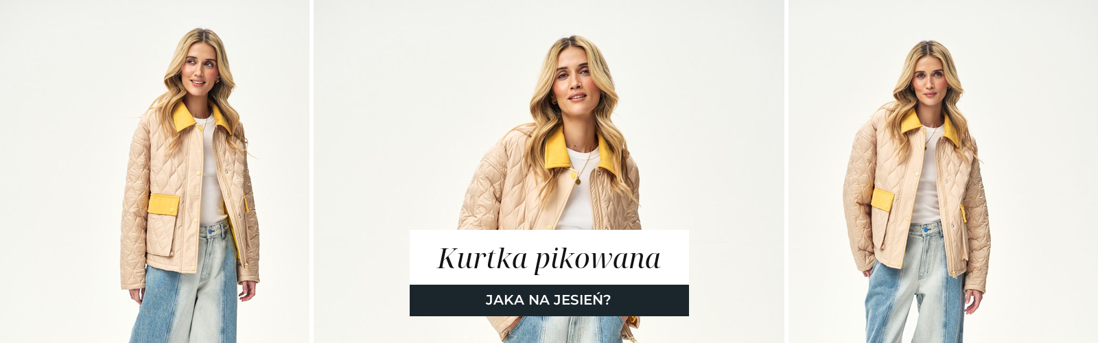Beżowa kurtka pikowana z żółtymi wykończeniami i szerokie jeansy