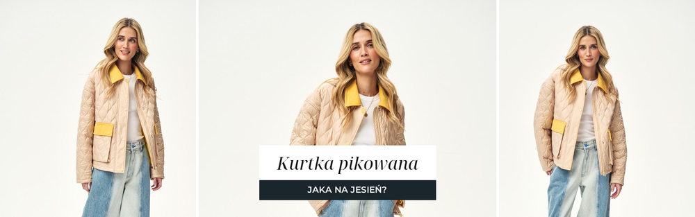Beżowa kurtka pikowana z żółtymi wykończeniami i szerokie jeansy