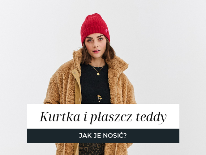 Długi płaszcz teddy w kolorze karmelowym, stylizacja z czerwoną czapką