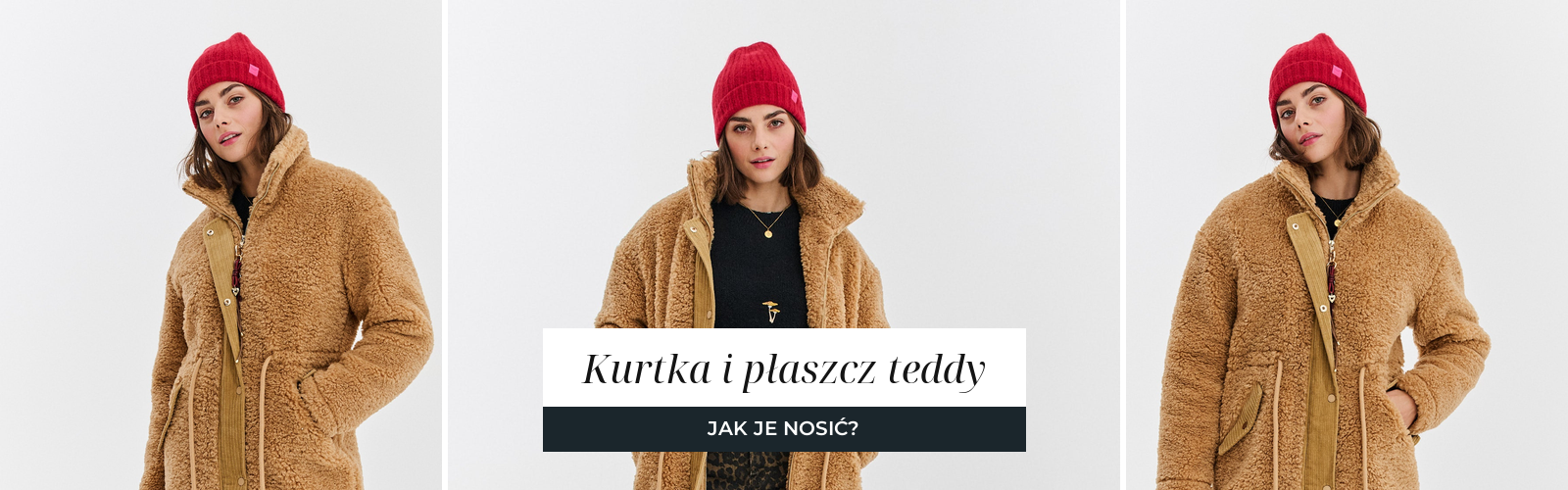 Długi płaszcz teddy w kolorze karmelowym, stylizacja z czerwoną czapką