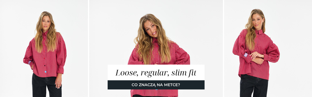 Koszula w kroju loose fit w malinowe prążki, trzy ujęcia studyjne